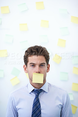 Buy stock photo Businessman, portrait and sticky note for plan, office and professional workspace. Male person, company and confident for secret, startup and entrepreneur for career and brainstorming expert