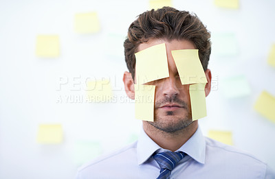 Buy stock photo Face cover with sticky notes, business and man with fatigue, tired and burnout with mistake and overworked. Person, employee and corporate with professional and frustrated with anxiety and consultant