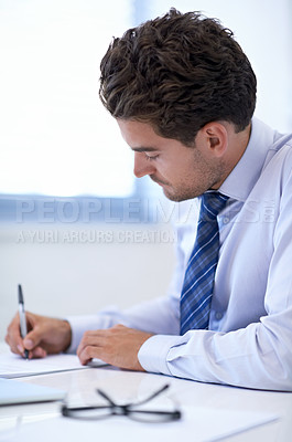 Buy stock photo Businessman, document and writing notes for brainstorming, office and professional workspace. Male person, company and confident for finance broker, startup and entrepreneur for career and planning