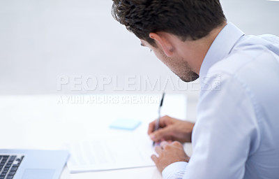 Buy stock photo Man writing, contract and business with report and compliance document with accountant and employee. Person, worker or consultant with document or paperwork with information, professional or feedback