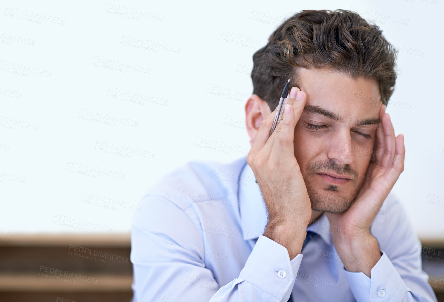 Buy stock photo Headache, pain and business man with stress, burnout and anxiety for overwork in office. Migraine, depression and  professional massage temple with fatigue, sick and agent frustrated with challenge