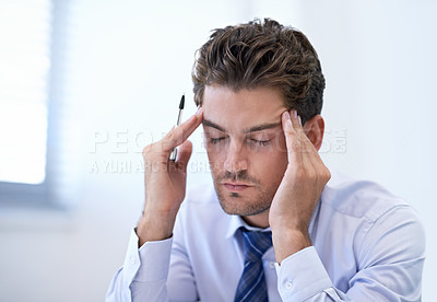 Buy stock photo Headache, stress and business man with burnout, pain and anxiety for overwork in office. Migraine, depression and professional massage temples for fatigue, sick and tired agent frustrated in company