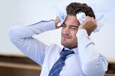 Buy stock photo Businessman, head and stressed with crumpled paper, burnout and mistake for frustration, debt and headache. Angry employee, worker and report for bills, worried and failure with audit or deadline