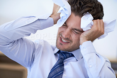 Buy stock photo Businessman, head and stressed with crumpled paper, headache and mistake for frustration, debt and burnout. Angry employee, worker and report for bills, worried and failure with audit or deadline