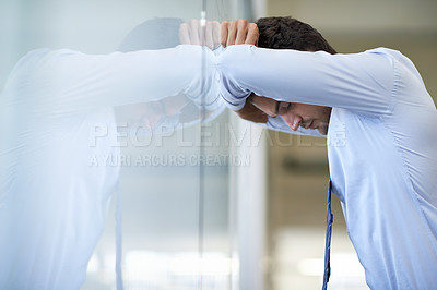 Buy stock photo Business, frustrated and man with stress, headache and overworked with fatigue and mental health. Migraine, employee or consultant with pain or professional with pain and fail with mistake or burnout