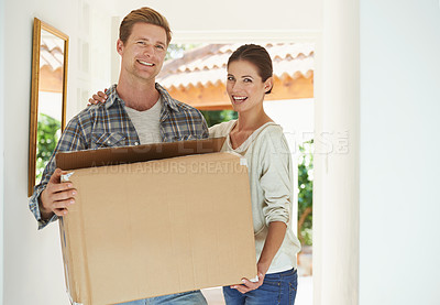 Buy stock photo New home, portrait or happy couple with box for moving or excited for investment in real estate. Man, woman and proud homeowner with package by front door and smile face in living room for mortgage