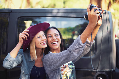 Buy stock photo Selfie, photography and friends on road trip with journey, travel and happy together by car, vehicle or van. Young people, women or photographer with camera for profile picture or memory on holiday