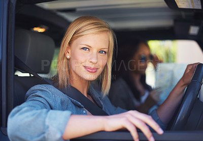 Buy stock photo Woman, friends and map in car for road trip with happy direction, guide or information of location on a travel journey. Portrait of a driver or friends with safety, transport and ready for vacation