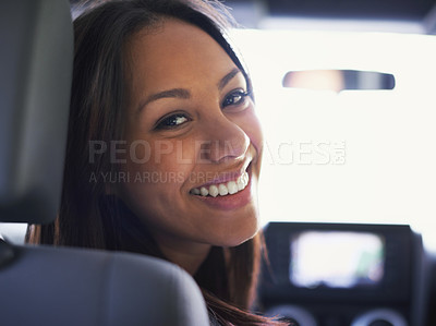 Buy stock photo Woman, portrait and driving in car for road trip, travel and happy on journey with transportation. Face of a young person or driver with smile in a modern vehicle and ready for adventure or holiday