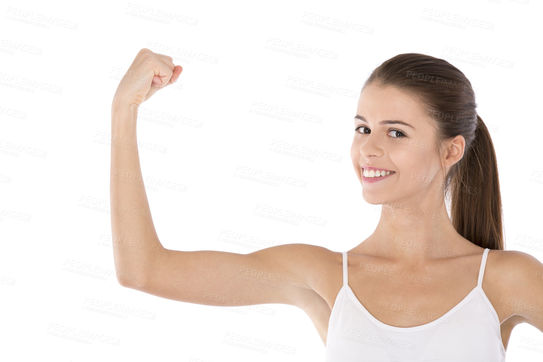 Buy stock photo Woman, strong and studio with smile, portrait and exercise by white background for wellness. Female trainer, pilates and show muscle, strength and stretch for fitness and workout for health training 