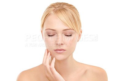 Buy stock photo Skincare, confident and woman in studio with natural, health and wellness face routine. Cosmetic, beauty and calm young female person with facial dermatology treatment for glow by white background.