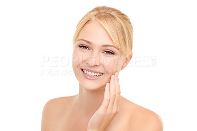 Buy stock photo Beauty, smile and portrait of woman in studio with natural, health and skincare face routine. Wellness, happy and female model from Australia with facial dermatology treatment by white background.