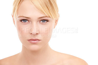 Buy stock photo Face, beauty and portrait of woman in studio with natural, health and skincare routine. Wellness, cosmetic and female model from Australia with facial glow dermatology treatment by white background.