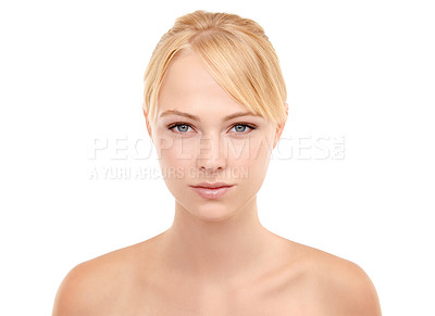 Buy stock photo Cosmetic, skincare and portrait of woman in studio with natural, health and beauty face routine. Wellness, glow and female model from Australia with facial dermatology treatment by white background.