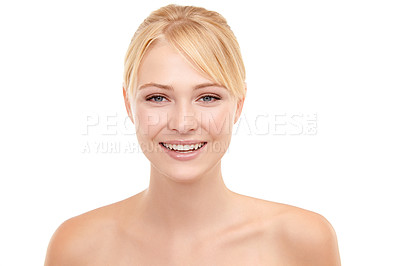 Buy stock photo Skincare, happy and portrait of woman in studio with natural, health and beauty face routine. Wellness, smile and female model from Australia with facial dermatology treatment by white background.