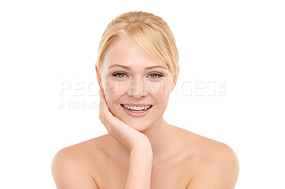 Buy stock photo Happy, beauty and portrait of woman in studio with natural, health and wellness face routine. Smile, skincare and female model from Australia with facial dermatology treatment by white background.