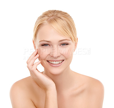 Buy stock photo Skincare, smile and portrait of woman in studio with natural, health and beauty face routine. Wellness, happy and female model from Australia with facial dermatology treatment by white background.