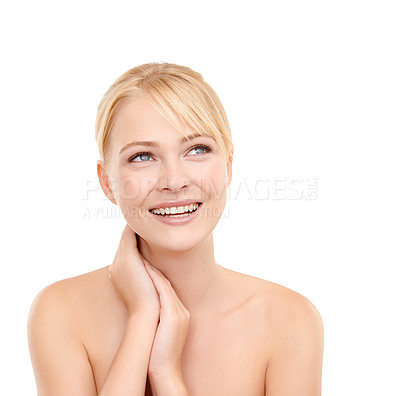 Buy stock photo Skincare, thinking and woman in studio with natural, health and wellness face routine. Beauty, happy and young female model from Australia with facial dermatology treatment by white background.