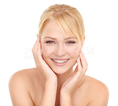 Buy stock photo Skincare, health and portrait of woman in studio with natural, health and beauty face routine. Cosmetic, smile and female model from Australia with facial dermatology treatment by white background.