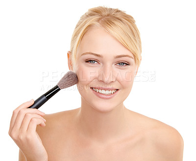 Buy stock photo Woman, portrait and brush with smile for makeup in studio with cosmetics, face transformation or wellness.
Model, person and happy with beauty product for cosmetology and skincare on white background