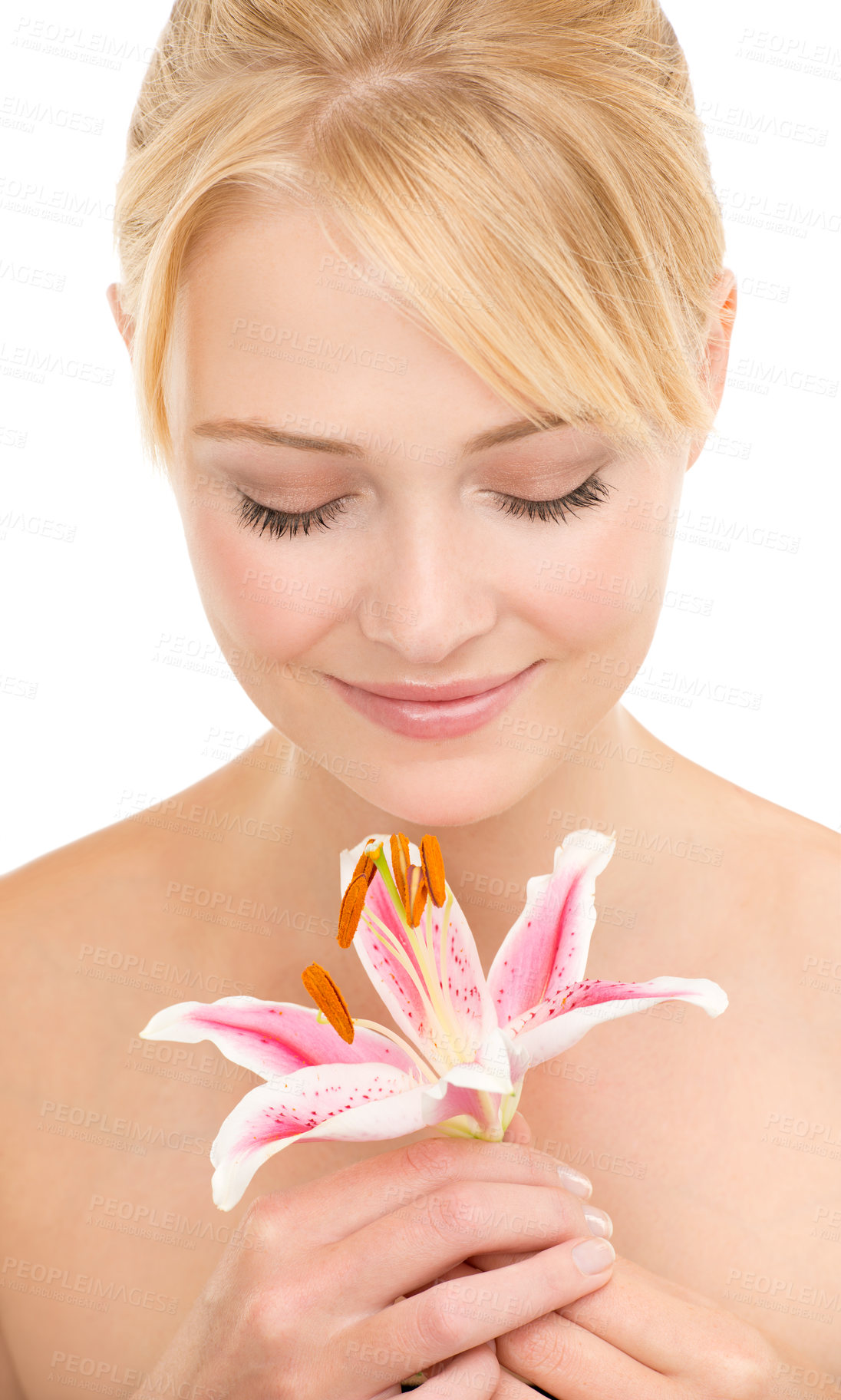Buy stock photo Flower, natural beauty and woman for skincare, organic cosmetics with nature and glow on white background. Tiger lily, eco friendly treatment for skin and dermatology with sustainability in studio