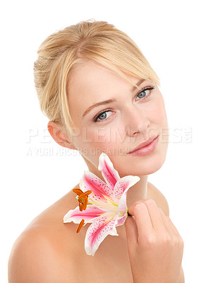 Buy stock photo Skincare, flower and portrait of woman in studio with natural, health and wellness face routine. Cosmetic, beauty and person with floral plant for facial dermatology treatment by white background.