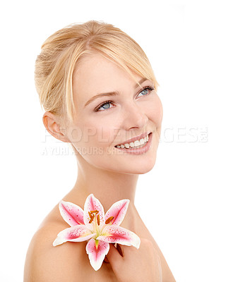 Buy stock photo Skincare, thinking and woman with flower in studio for natural, health and wellness face routine. Cosmetic, beauty and person with floral plant for facial dermatology treatment by white background.