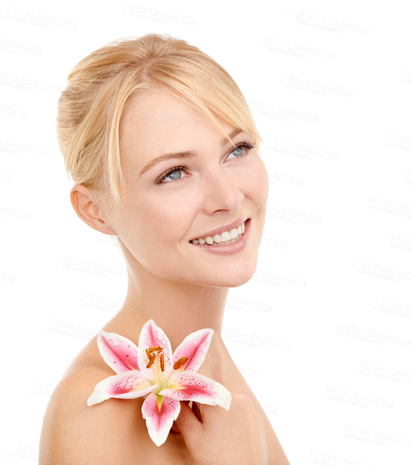 Buy stock photo Skincare, thinking and woman with flower in studio for natural, health and wellness face routine. Cosmetic, beauty and person with floral plant for facial dermatology treatment by white background.