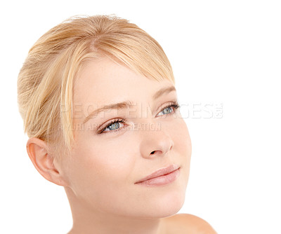 Buy stock photo Skincare, thinking and woman in studio with natural, health and wellness face routine for cosmetics. Glow, beauty and young female person with facial dermatology treatment by white background.