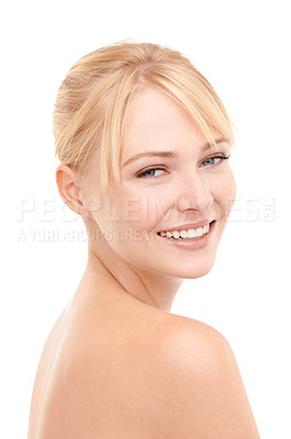 Buy stock photo Skincare, cosmetic and portrait of woman in studio with natural, health and beauty face routine. Wellness, smile and female model from Australia with facial dermatology treatment by white background.