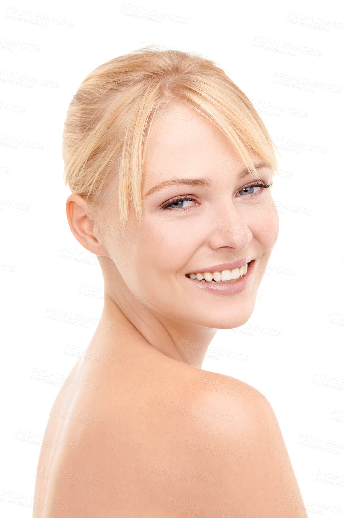 Buy stock photo Skincare, cosmetic and portrait of woman in studio with natural, health and beauty face routine. Wellness, smile and female model from Australia with facial dermatology treatment by white background.