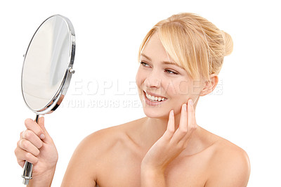 Buy stock photo Mirror, face and woman with skin for beauty, natural glow and smile isolated on white background. Clean, skincare and vanity with admiring reflection, dermatology and wellness with cosmetic care