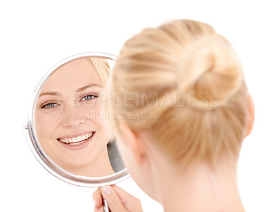 Buy stock photo Reflection, face and woman with beauty, natural glow and smile with dermatology isolated on white background. Clean, skincare and vanity with admiring skin in mirror, wellness and cosmetic care