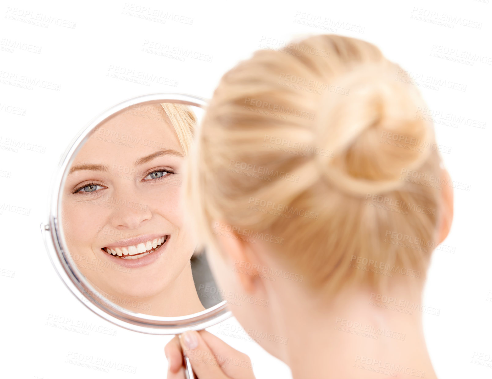 Buy stock photo Reflection, face and woman with beauty, natural glow and smile with dermatology isolated on white background. Clean, skincare and vanity with admiring skin in mirror, wellness and cosmetic care