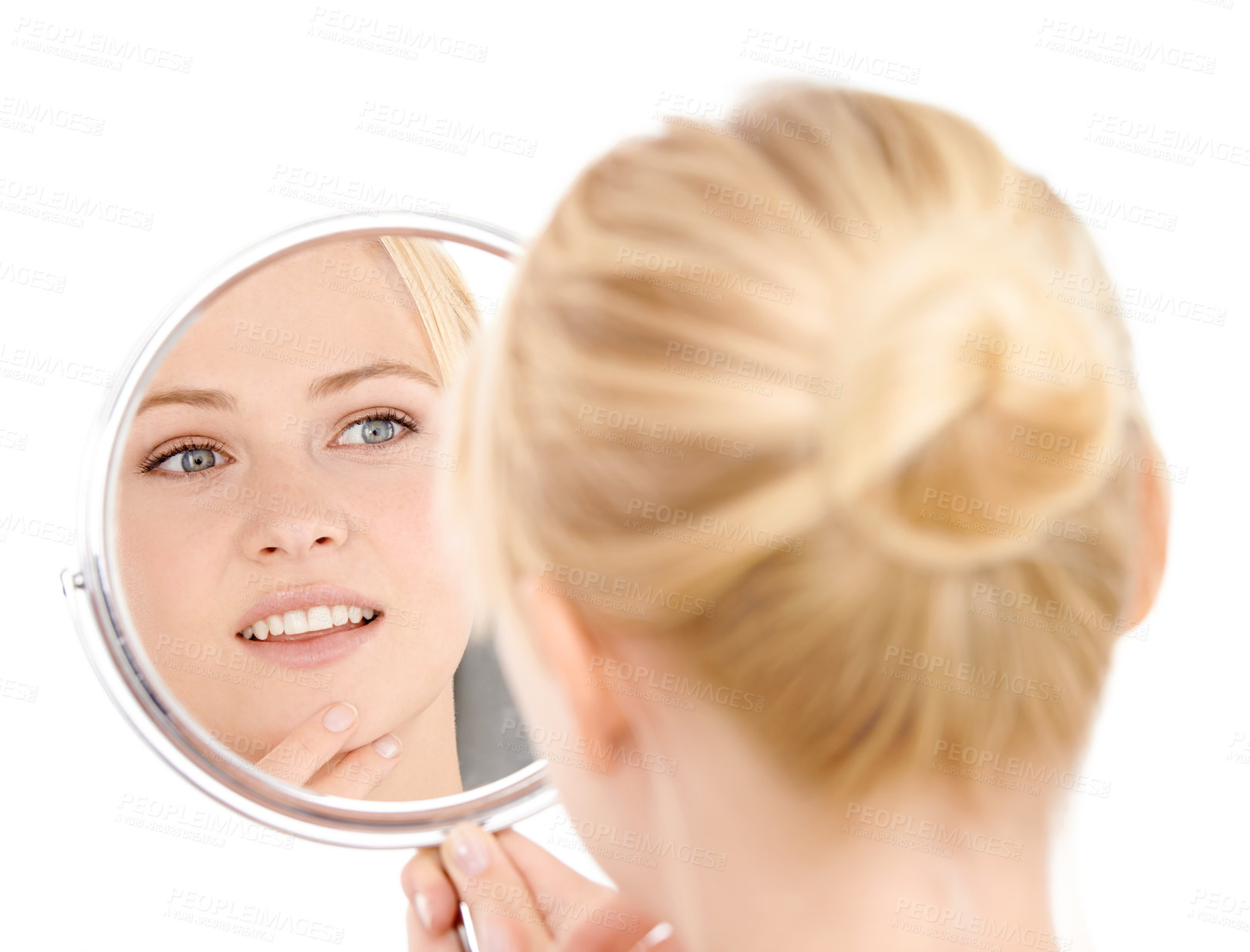 Buy stock photo Face, reflection and woman with beauty for natural skincare and wellness on white background. Mirror, vanity and admiring clean skin with healthy glow, facial treatment and hygiene with smile