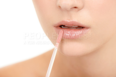 Buy stock photo Lips, lipstick application and beauty with woman and closeup of cosmetic product on white background. Skin, glow and matte gloss with brush, lipcare for wellness and hydration with makeup for shine