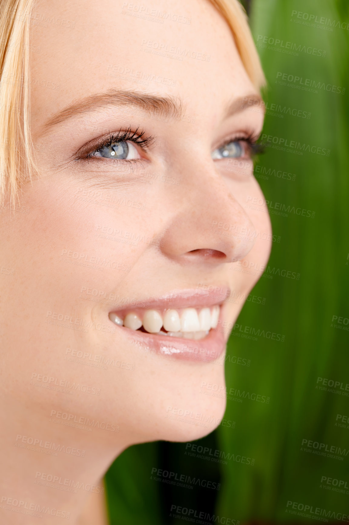 Buy stock photo Leaf background, natural beauty and woman for skincare, organic cosmetics with nature and glow in studio. Green, eco friendly treatment for skin and dermatology with smile for sustainability