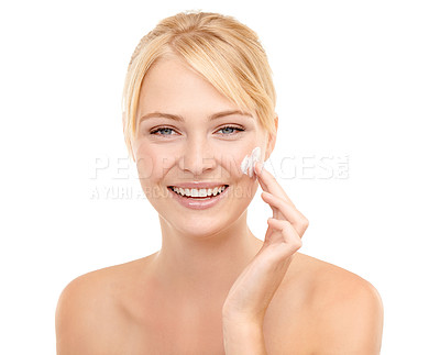 Buy stock photo Beauty, face cream and portrait of woman in studio with natural, health and skincare routine. Glow, smile and model with facial spf, sunscreen or lotion for dermatology treatment by white background.