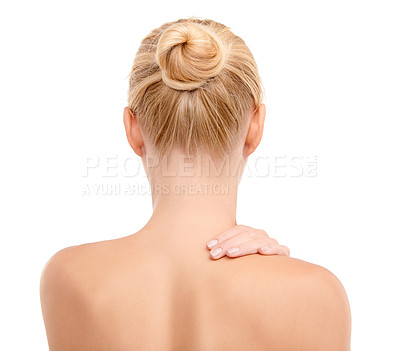 Buy stock photo Beauty, back and woman in studio for wellness, glowing skin or treatment on white background. Dermatology, shine or behind isolated female model posing with cosmetic, results or soft bodycare comfort