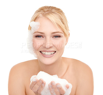 Buy stock photo Woman, portrait and soap on face for skincare with glycerine, peptides and foam for clear skin. Female person, white background and fresh for beauty, hygiene and treatment for wellness and self care