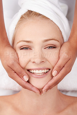 Buy stock photo Face massage, skincare and top view of woman with hands, beauty spa treatment and wellness, facial and dermatology for glow. Happy, benefits of pamper cosmetics and antiaging self care with masseuse