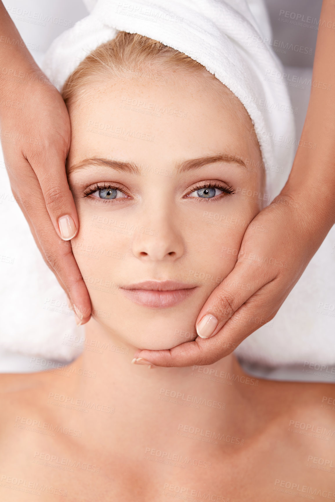 Buy stock photo Face massage, top view of woman and hands, beauty and wellness with spa treatment, facial and dermatology for glow. Skincare, benefits of pamper cosmetics and antiaging self care with masseuse