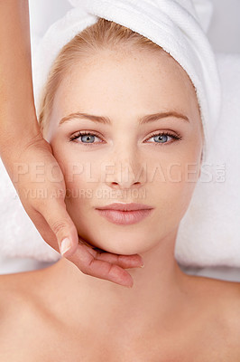 Buy stock photo Facial, massage and top view of woman with hands of masseuse, beauty and wellness with spa treatment. Skincare, face pamper cosmetics and antiaging self care with dermatology for glow in portrait