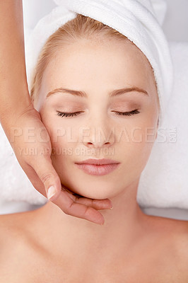 Buy stock photo Face, massage and woman at a spa with hands of masseuse for lymphatic drainage procedure from above. Zen, peace and female with facial therapy at beauty salon for skincare, wellness or stress relief