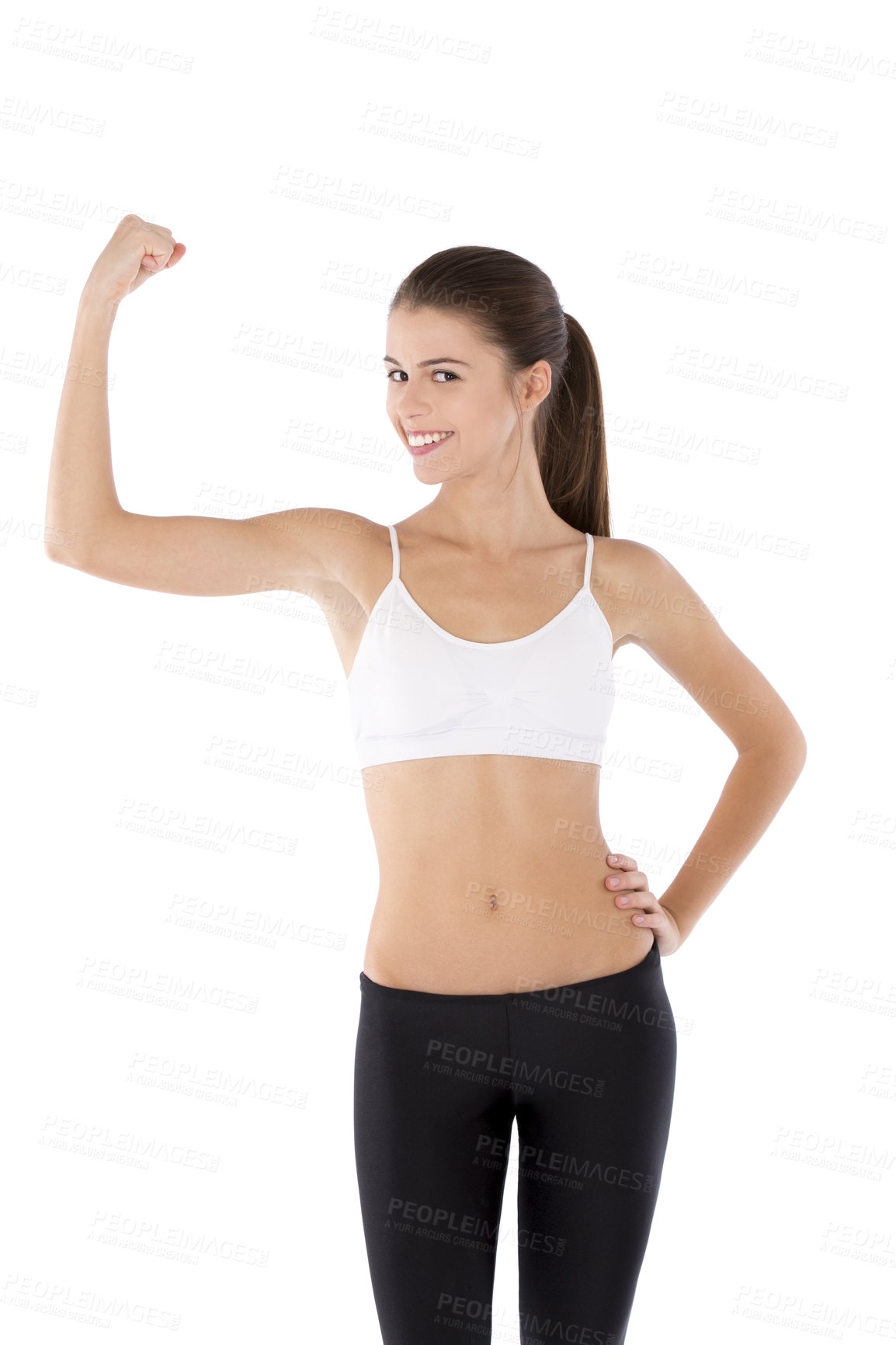 Buy stock photo Woman, fitness and studio in muscle flex, exercise and yoga pose by white background for wellness. Female trainer, pilates and form, strength and stretches for confidence and workout for health
