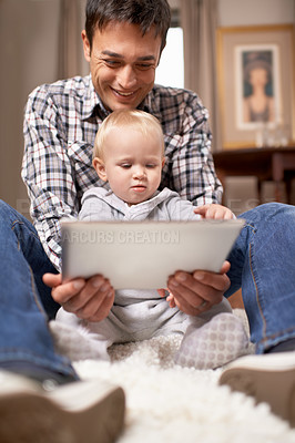 Buy stock photo Happy family, father and child in living room with tablet, love and live streaming cartoon on weekend in home. Man, daughter and touchscreen with connection, bonding and technology for care in house