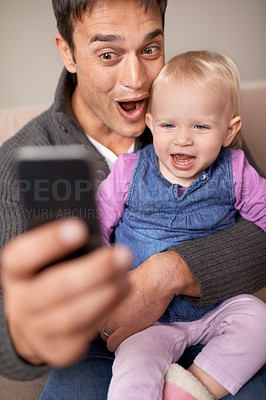 Buy stock photo Happy family, dad and baby with selfie in house, love and care of new parent in living room. Father, daughter and smile with relax for profile picture, cute and bonding together on sofa in home