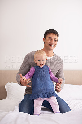 Buy stock photo Portrait, love or father and baby on a bed happy, playing or bonding at home with morning games. Child development, learning and face of dad with girl in a bedroom for fun, support and family time