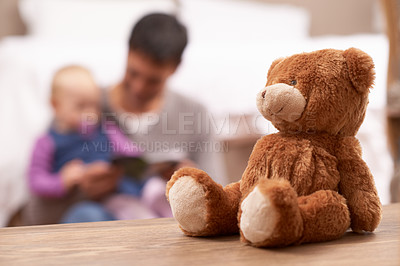 Buy stock photo Love, reading or father and baby with book in a bedroom for reading, bonding or playing with teddy bear blur. Family, learning and dad teaching kid with storytelling, fantasy or security in a house