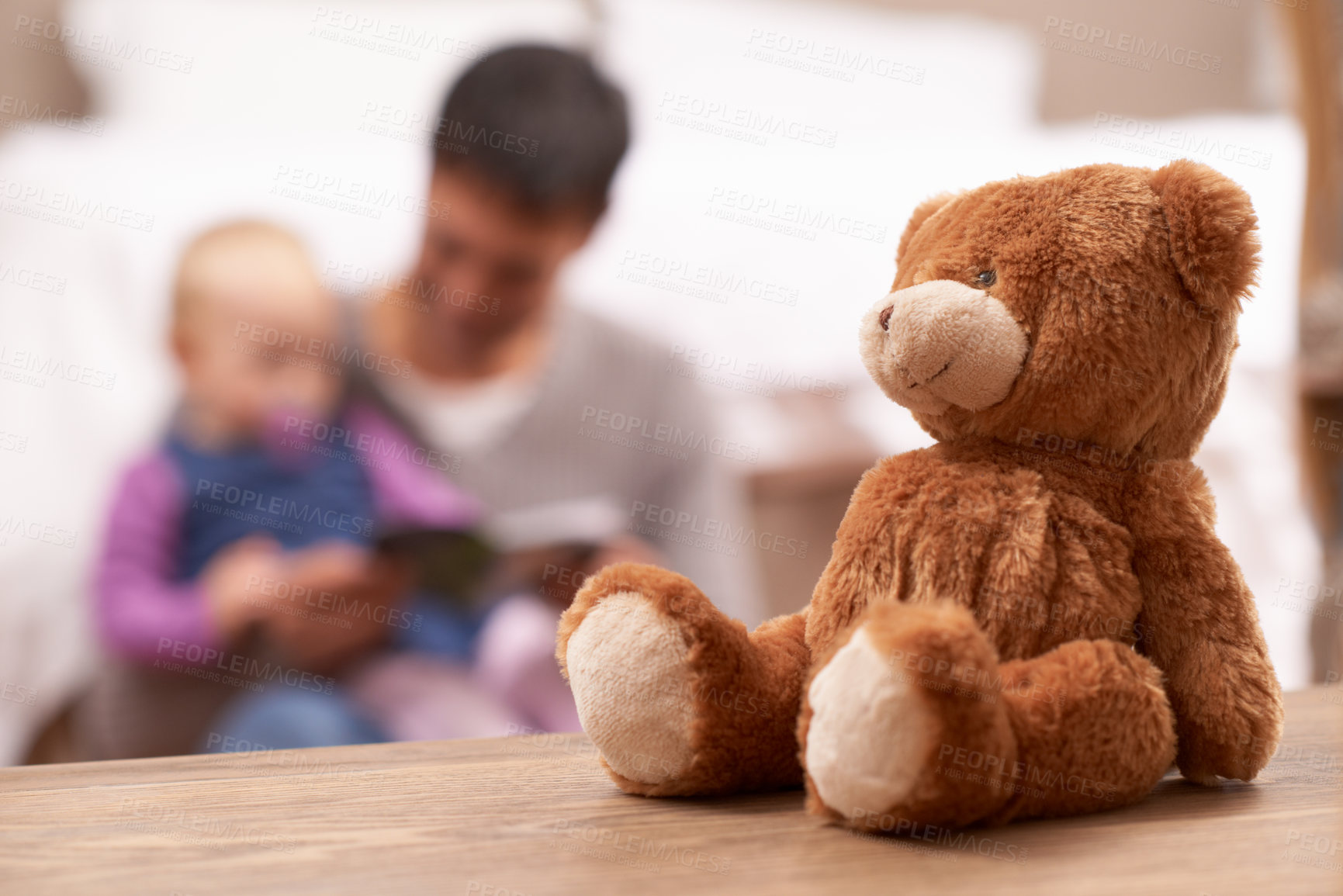 Buy stock photo Love, reading or father and baby with book in a bedroom for reading, bonding or playing with teddy bear blur. Family, learning and dad teaching kid with storytelling, fantasy or security in a house